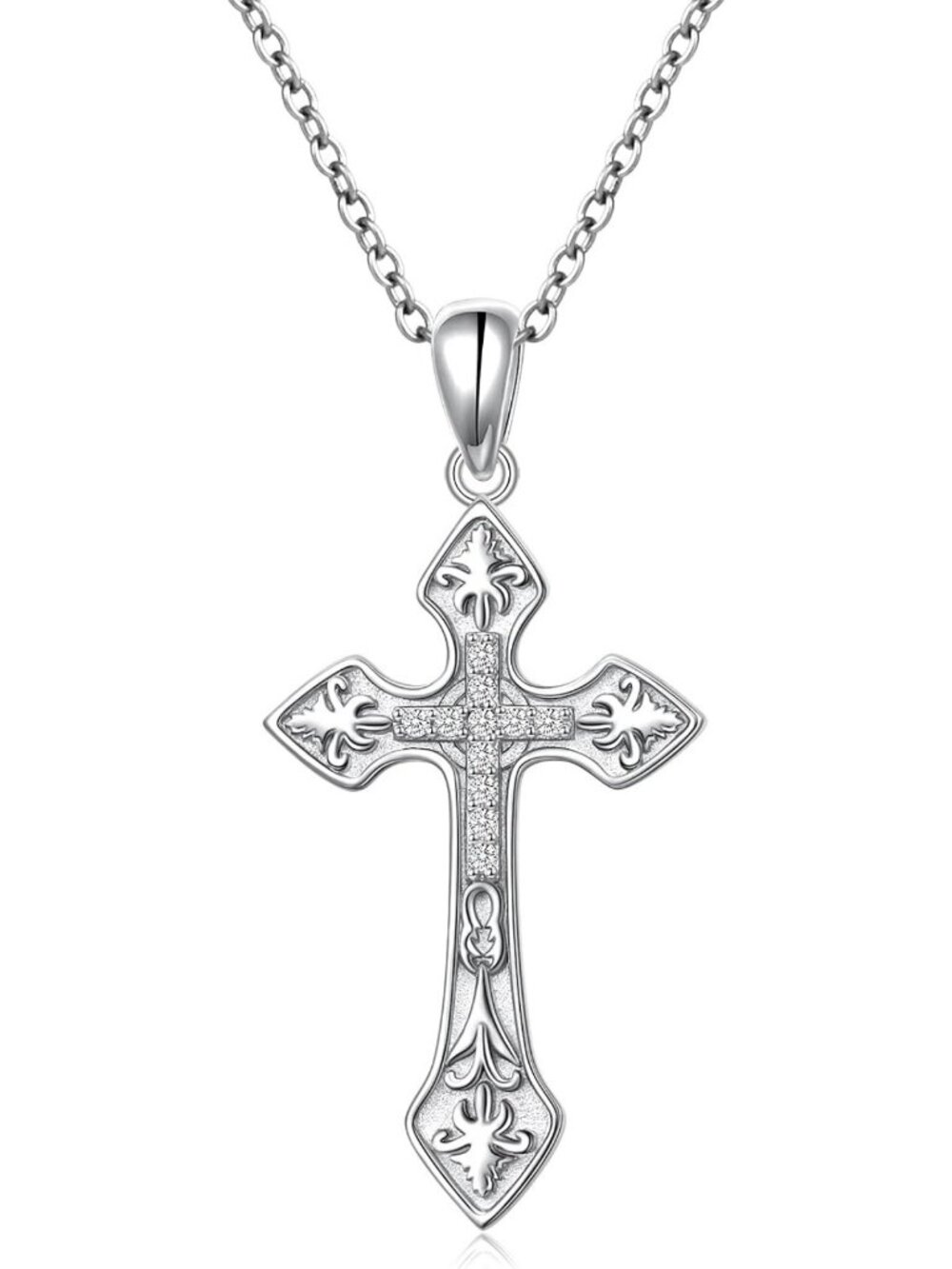 925 Sterling Silver Celtic Cross Pendant Necklace with Crown & CZ, Adjustable